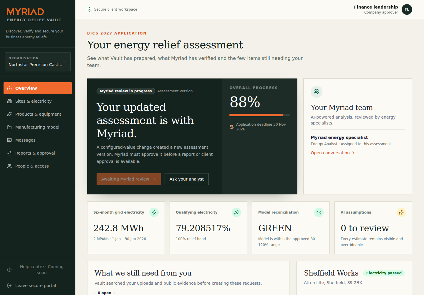 Energy Relief Vault executive assessment overview using synthetic manufacturer data, showing review status, progress, deadline, energy metrics and outstanding actions.